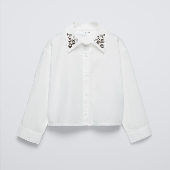 NWT Zara Button Up Jewels Appliqué at Collar White Shirt Sz 11-12 - Picture 1 of 9